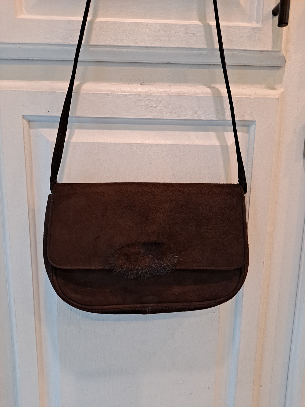 J. Renee' 80s Chocolate Brown Suede Leather Crossbody Bag w/Fur Accent